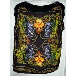 Black Panther Orchid Print Sleeveless Shirt Scarf Top Large Luxury Sexy Rock Y2K